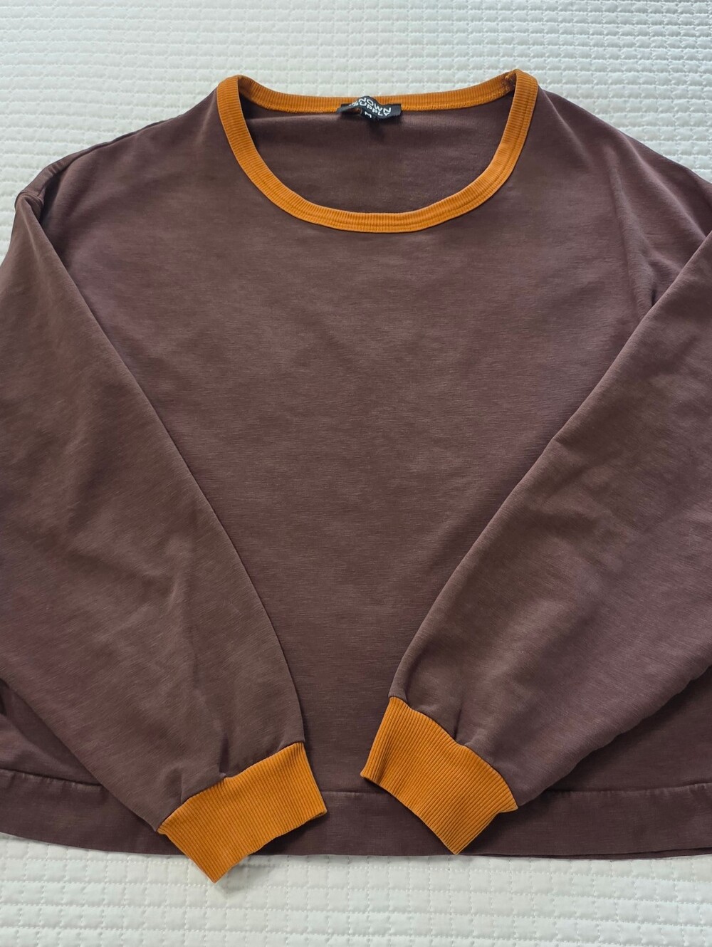 Known Supply Brown Crewneck Organic Cotton Cropped Sweatshirt with Orange Trim